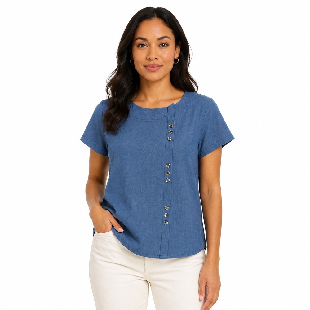 Unbranded Blue Cotton Asymmetrical Button Short Sleeve Blouse Top Medium